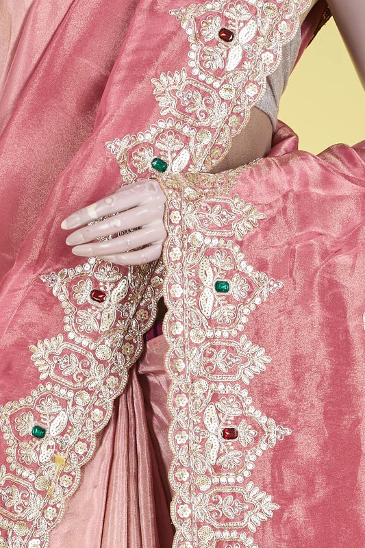 Vellotis Blush Pink Silk Saree with Heavy Embroidered Border – Wedding & Designer Wear