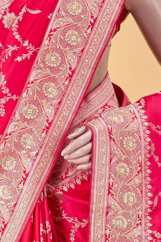 Vellotis Rani Pink Banarasi Silk Saree with Heavy Zari Embroidery – Bridal & Wedding Wear
