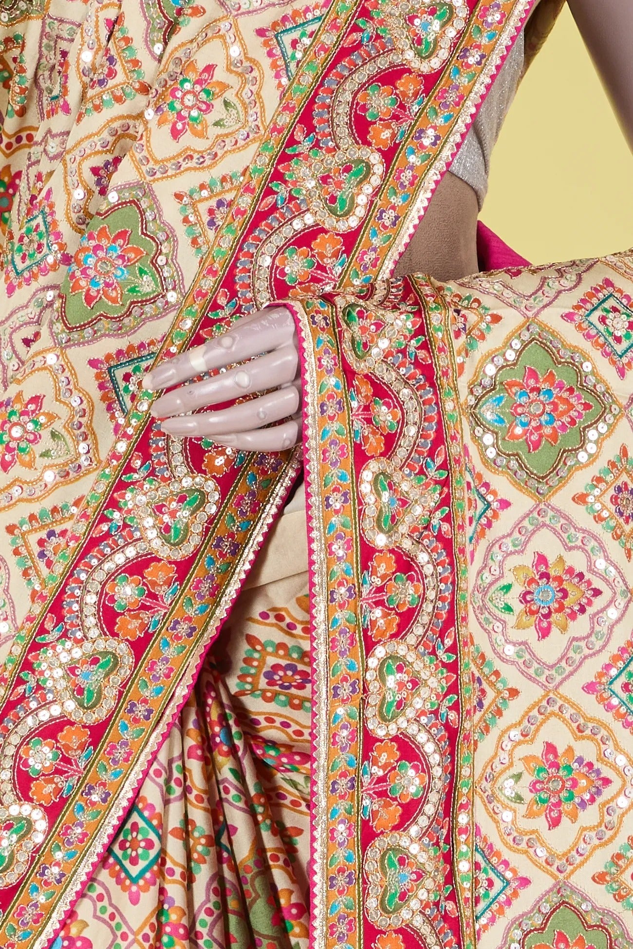 Vellotis Cream Multicolor Printed Silk Saree with Heavy Ethnic Border – Festive & Designer Wear