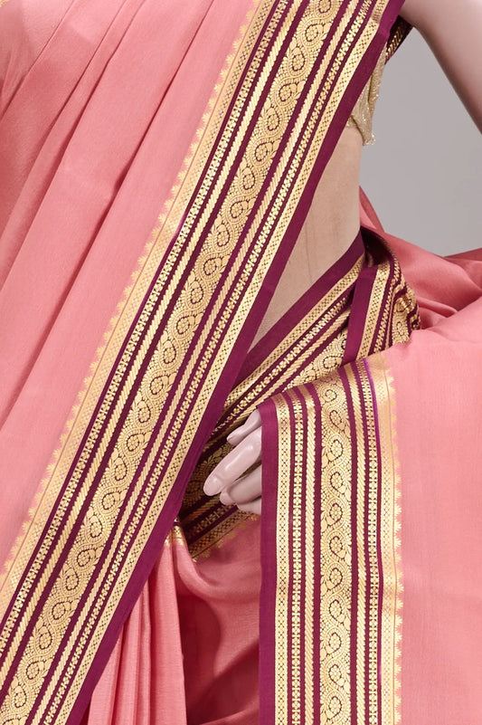 Vellotis Peach Pink Silk Saree with Wine Border & Zari Work – Festive & Traditional Wear