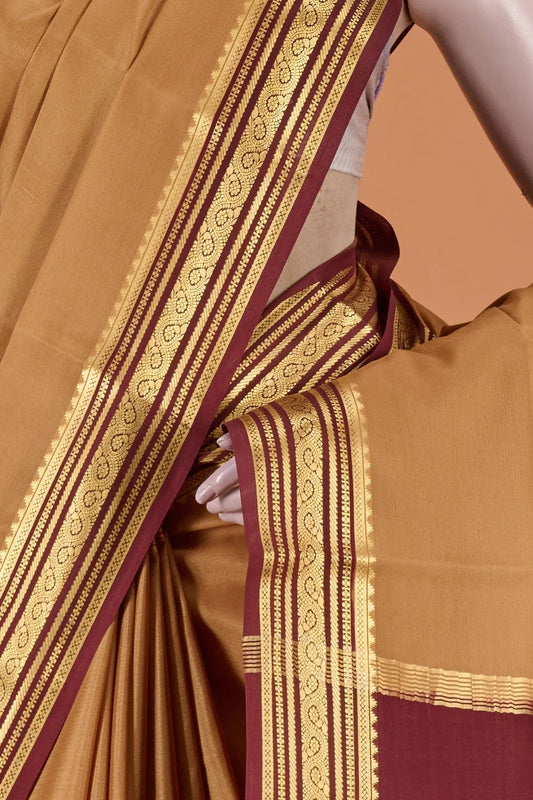Vellotis Beige Gold Silk Saree with Maroon Border & Zari Work – Festive & Traditional Wear