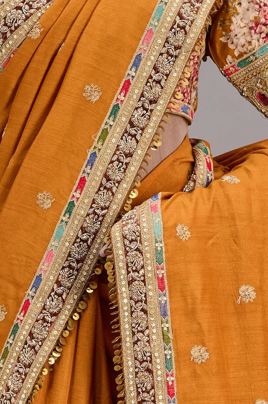 Vellotis Mustard Orange Silk Saree with Embroidered Border – Festive & Party Wear
