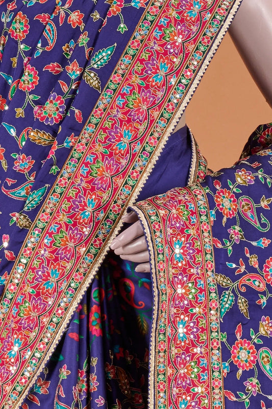 Vellotis Royal Purple Multicolor Printed Silk Saree with Heavy Designer Border – Festive & Party Wear