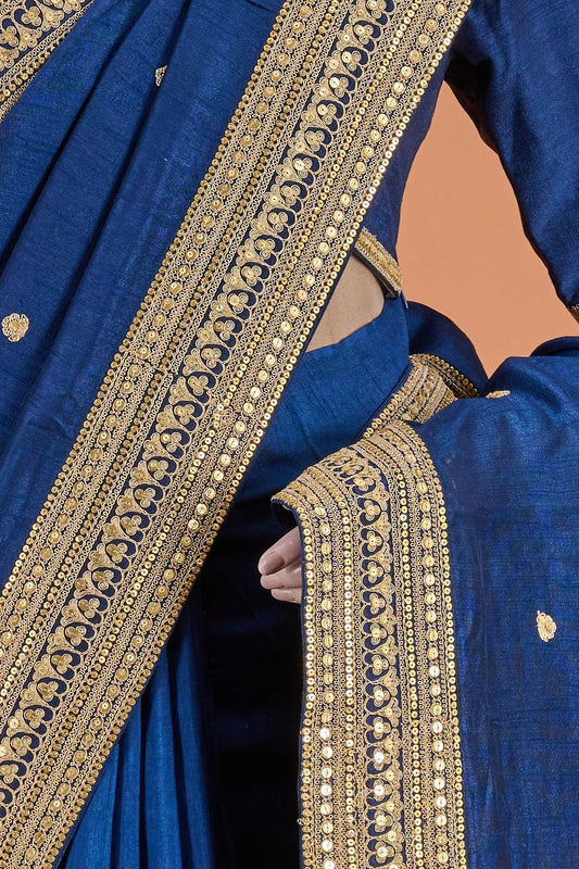 Vellotis Navy Blue Silk Saree with Elegant Gold Zari Border – Festive & Party Wear