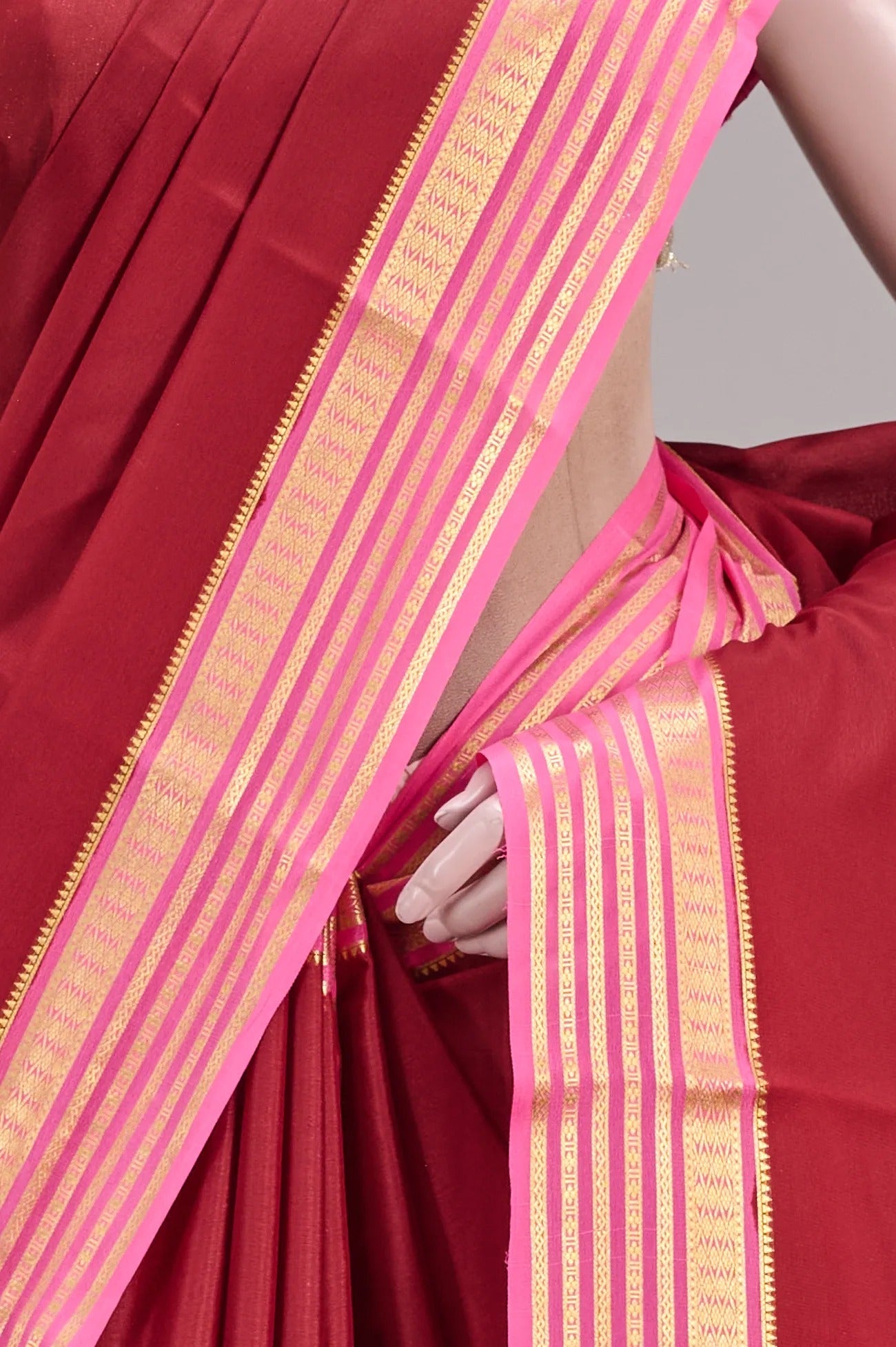 Vellotis Ruby Red Silk Saree with Dual Pink Border & Zari Work – Wedding & Festive Wear