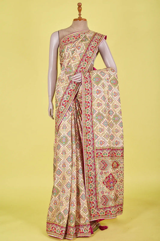Vellotis Cream Multicolor Printed Silk Saree with Heavy Ethnic Border – Festive & Designer Wear