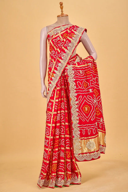 Vellotis Red Bandhani Silk Saree with Heavy Embroidered Border – Festive & Wedding Wear