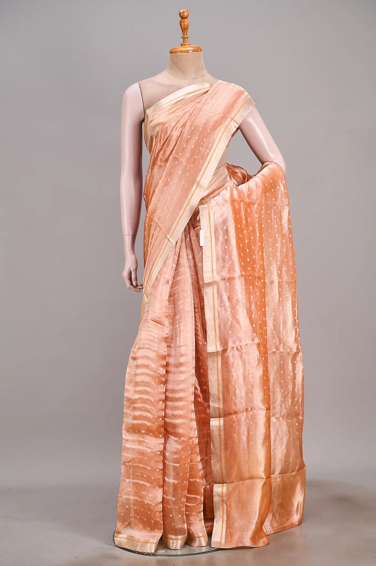 Vellotis Peach Tissue Silk Saree with Polka Dot Weave – Elegant Festive & Party Wear