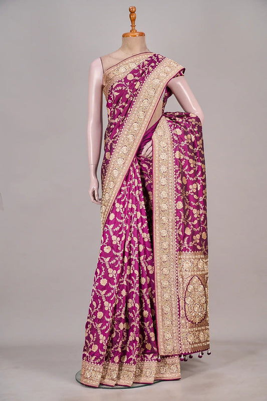 Vellotis Wine Purple Banarasi Silk Saree with Heavy Zari Work – Bridal & Festive Wear