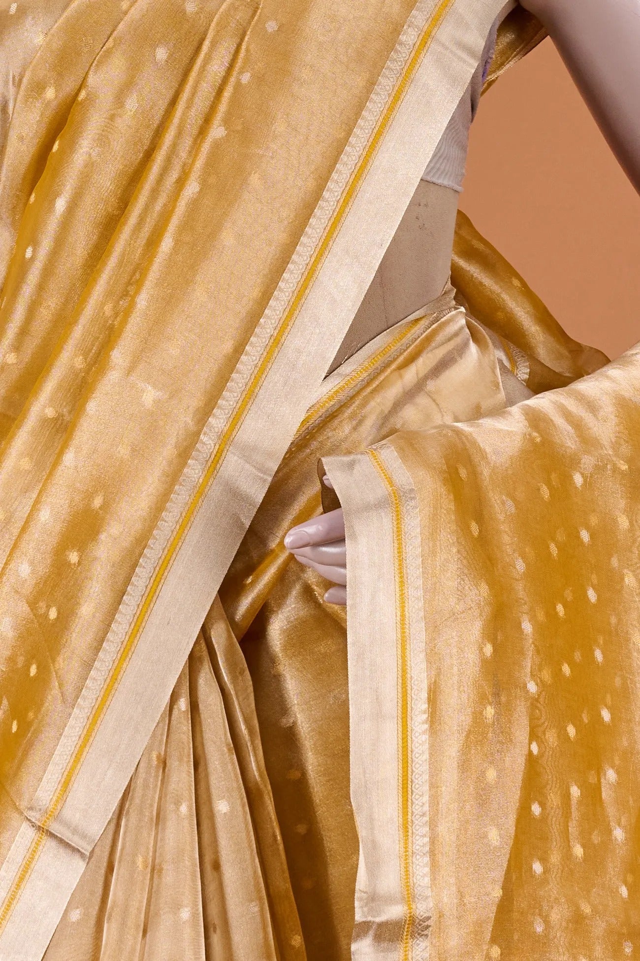 Vellotis Golden Tissue Silk Saree with Polka Dot Weave – Elegant Festive & Party Wear