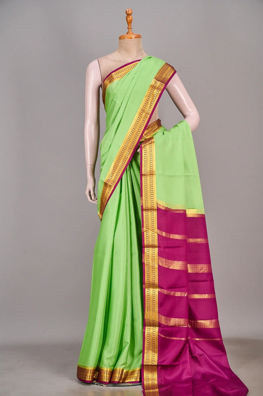 Vellotis Parrot Green Silk Saree with Pink Border & Zari Work – Festive & Traditional Wear