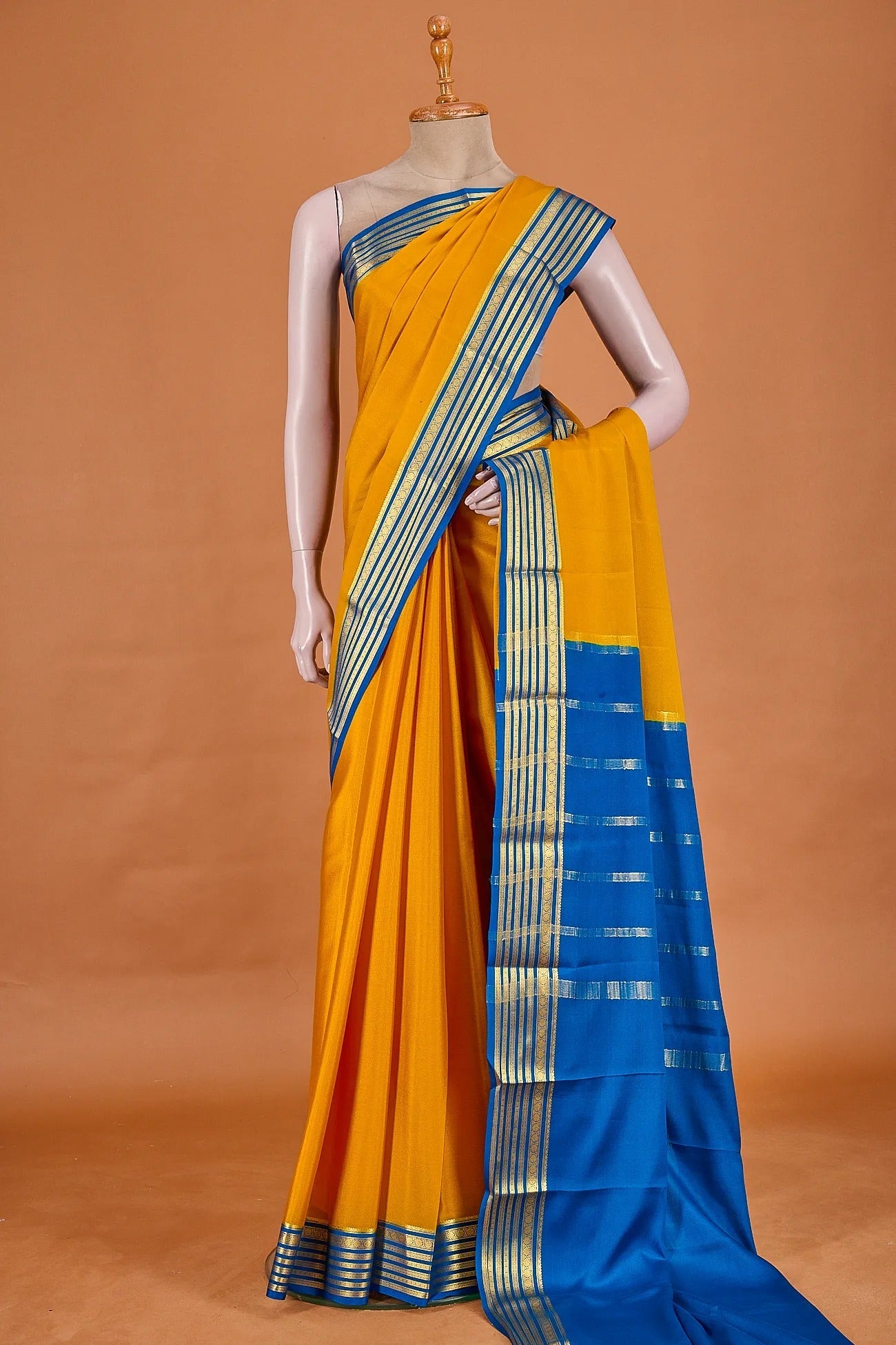 Vellotis Mustard Yellow Silk Saree with Royal Blue Border & Zari Work – Festive & Traditional Wear