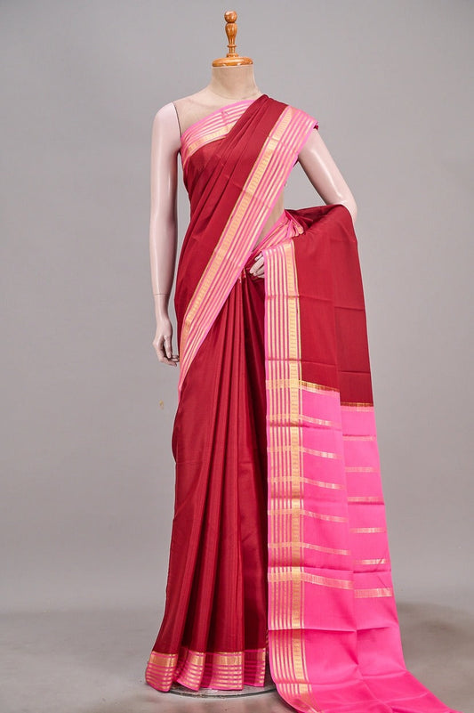 Vellotis Ruby Red Silk Saree with Dual Pink Border & Zari Work – Wedding & Festive Wear