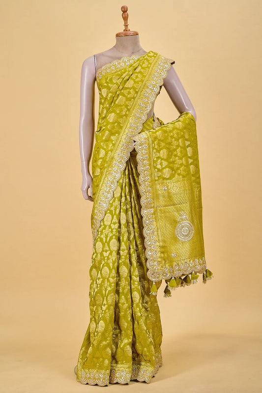 Vellotis Lime Green Banarasi Silk Saree with Rich Zari Work – Festive & Wedding Wear