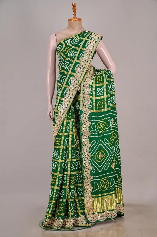 Vellotis Emerald Green Bandhani Silk Saree with Embroidered Border – Festive & Wedding Wear