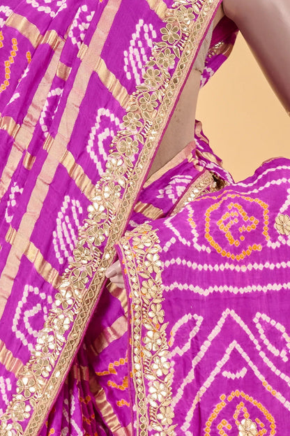 Vellotis Rani Pink Bandhani Silk Saree with Embroidered Border – Festive & Wedding Wear