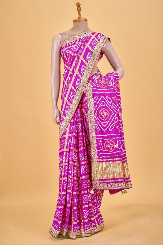 Vellotis Rani Pink Bandhani Silk Saree with Embroidered Border – Festive & Wedding Wear